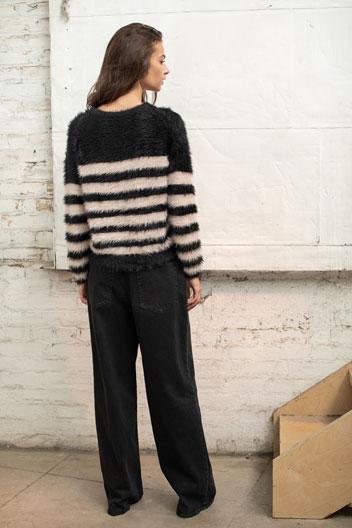 Velvet Lulu Feather Yarn Striped Sweater- Black/Blush - Styleartist
