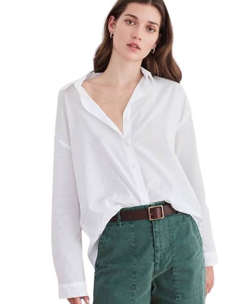 Velvet Ramon Cotton Poplin Button Up Blouse - White - Styleartist