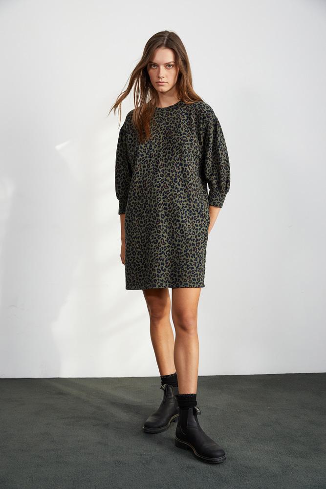 Velvet Rika Leopard Fleece Dress - Olive - Styleartist
