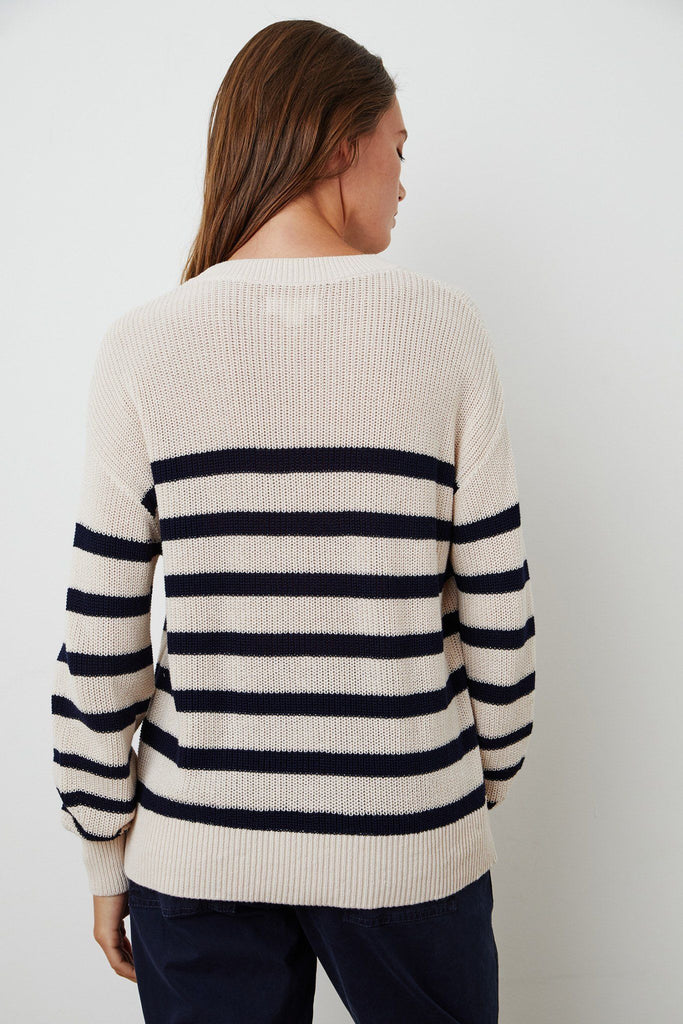 Velvet Wren Textured Cotton Striped Sweater- Ecru/Navy - Styleartist