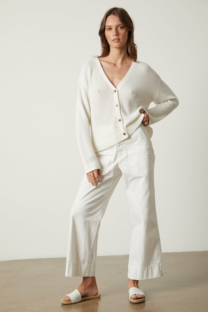 Velvet Yasmine Textured Cotton Cardigan- Milk - Styleartist