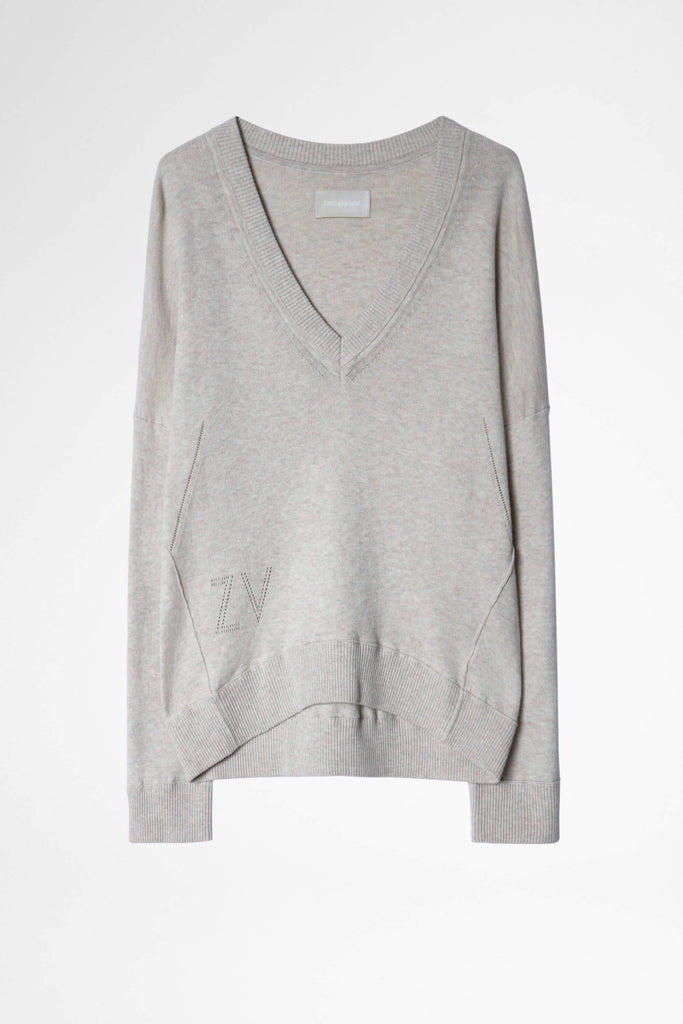 Zadig & Voltaire Brumy Smooth Knit Cotton V Neck Sweater- Ecru - Styleartist