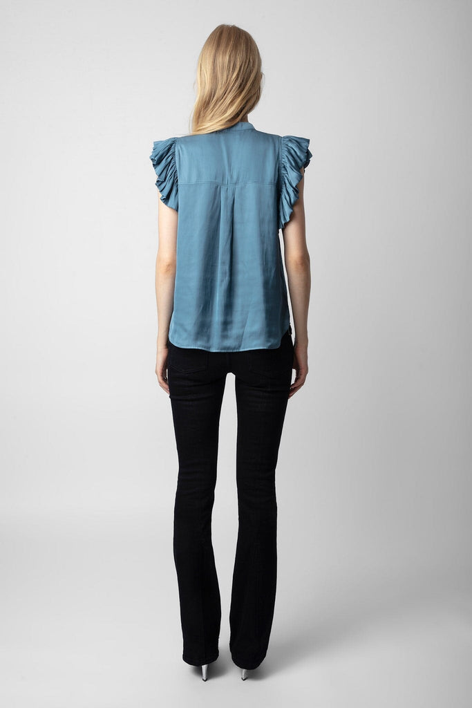Zadig & Voltaire Tiza Ruffle Sleeve Satin Shirt - Bluestone - Styleartist